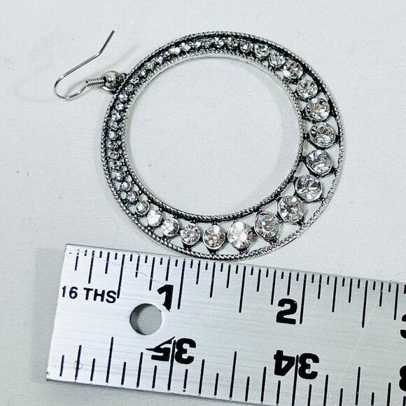 Vintage Silver Tone Big Time Large Round Earrings Rhinestone Jewelry 2" - Picture 7 of 7